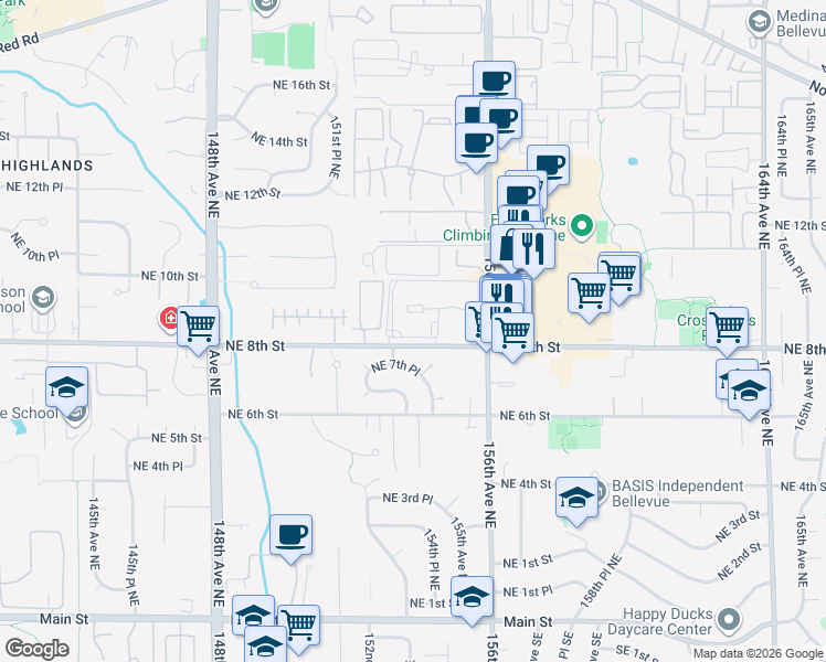 map of restaurants, bars, coffee shops, grocery stores, and more near 15300 Northeast 8th Street in Bellevue