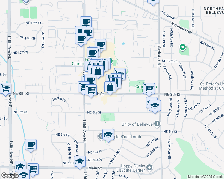 map of restaurants, bars, coffee shops, grocery stores, and more near 15600 Northeast 8th Street in Bellevue