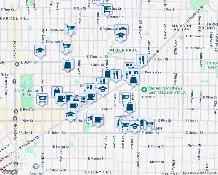map of restaurants, bars, coffee shops, grocery stores, and more near 1722 19th Avenue in Seattle