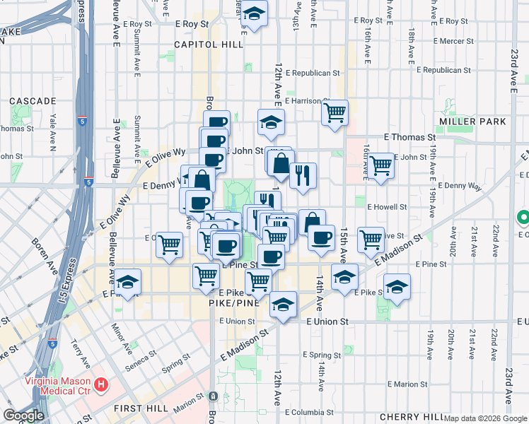 map of restaurants, bars, coffee shops, grocery stores, and more near 1111 East Howell Street in Seattle