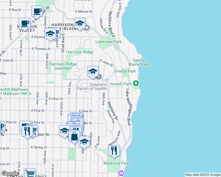 map of restaurants, bars, coffee shops, grocery stores, and more near 3803 East Howell Street in Seattle