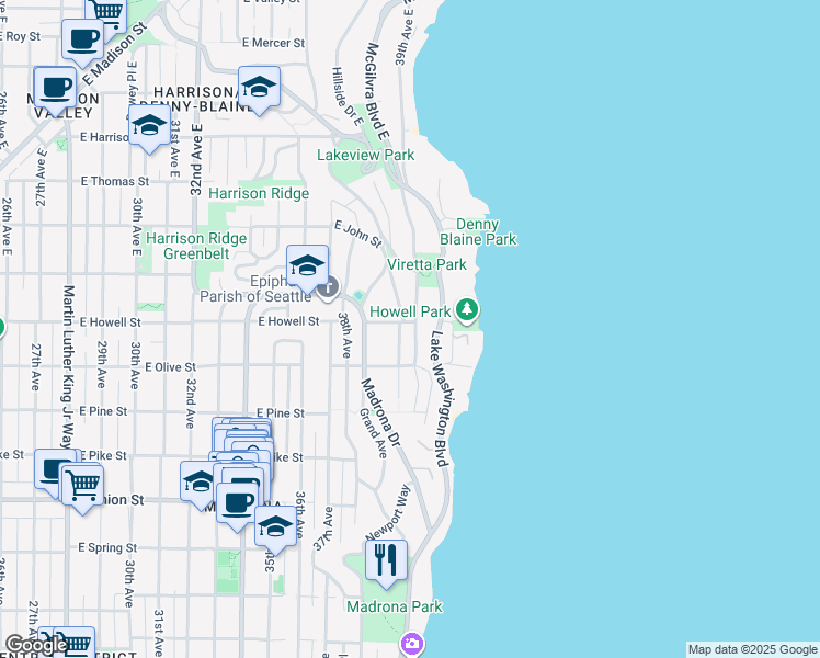 map of restaurants, bars, coffee shops, grocery stores, and more near 3909 East Howell Street in Seattle