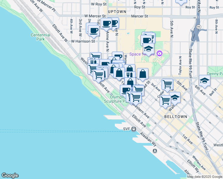 map of restaurants, bars, coffee shops, grocery stores, and more near 3031 Western Avenue in Seattle