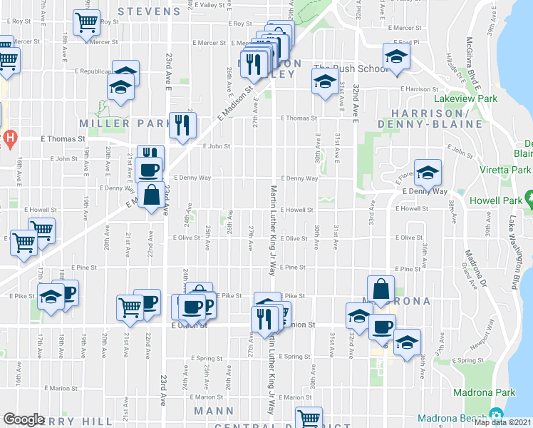 map of restaurants, bars, coffee shops, grocery stores, and more near 1731 Martin Luther King Junior Way in Seattle