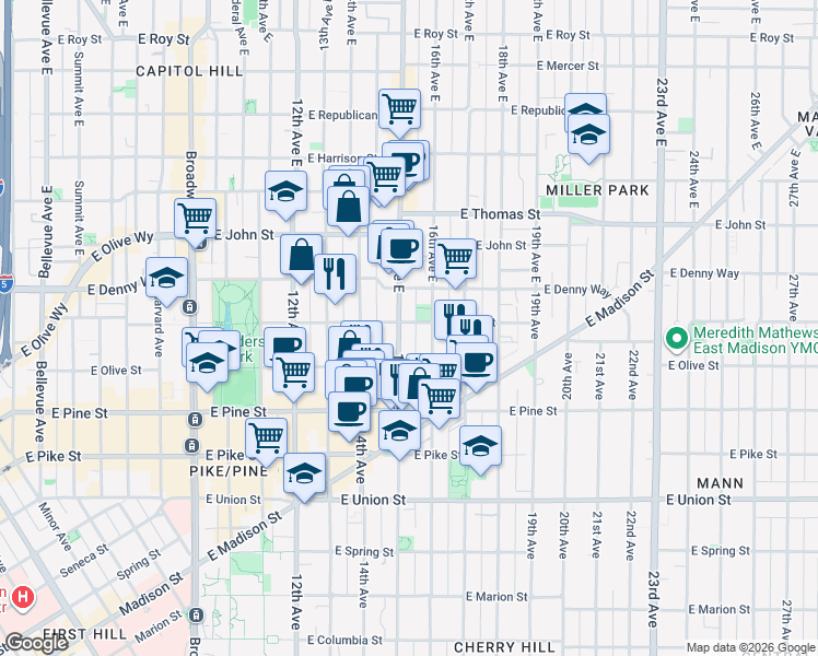 map of restaurants, bars, coffee shops, grocery stores, and more near 1732 15th Avenue in Seattle
