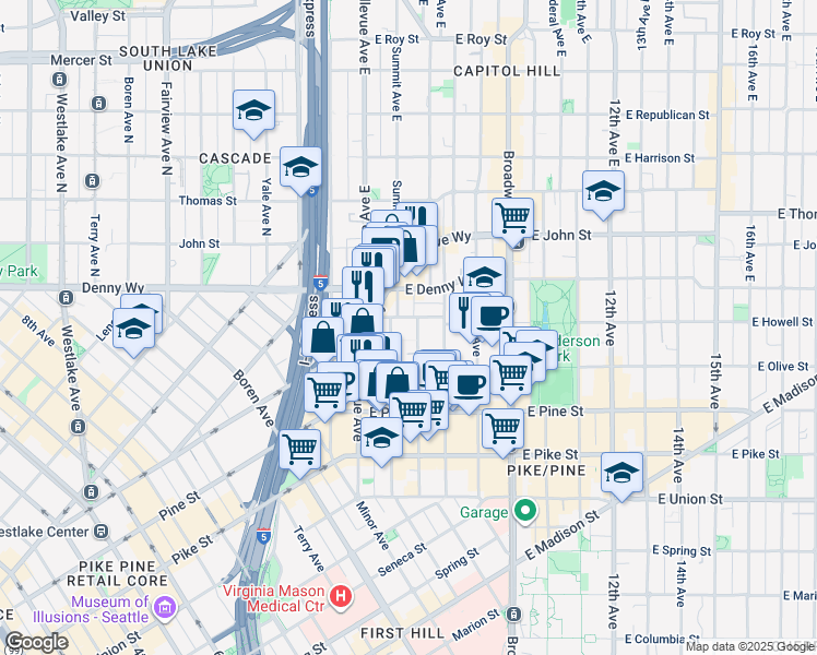 map of restaurants, bars, coffee shops, grocery stores, and more near 1737 Belmont Avenue in Seattle