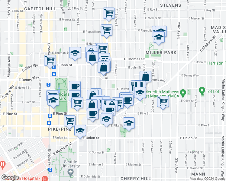 map of restaurants, bars, coffee shops, grocery stores, and more near 1519 East Howell Street in Seattle