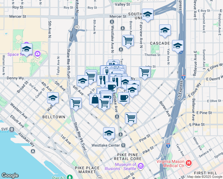 map of restaurants, bars, coffee shops, grocery stores, and more near in Seattle