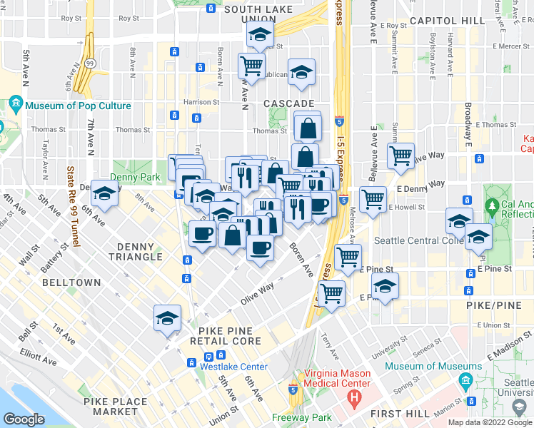 map of restaurants, bars, coffee shops, grocery stores, and more near 1916 Boren Avenue in Seattle