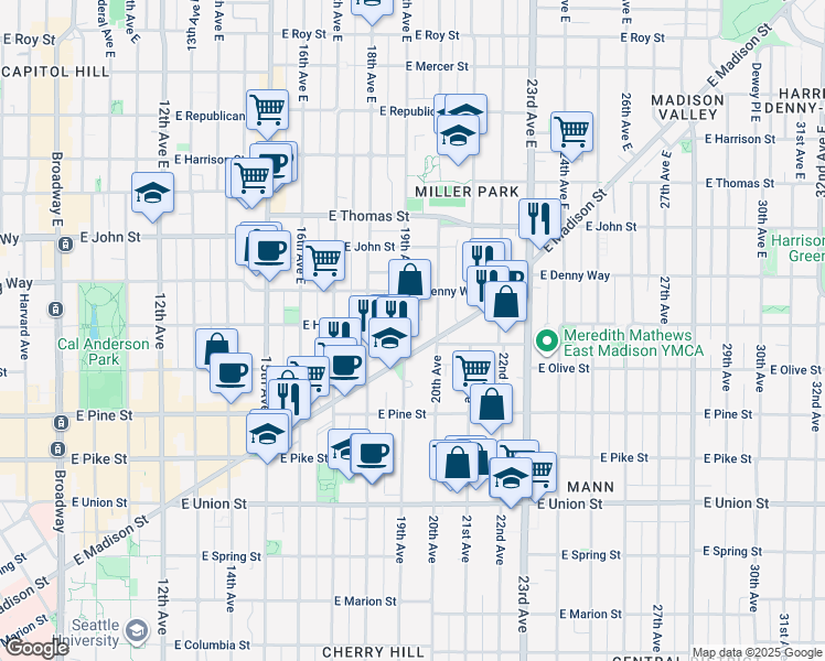 map of restaurants, bars, coffee shops, grocery stores, and more near 1724 19th Avenue in Seattle