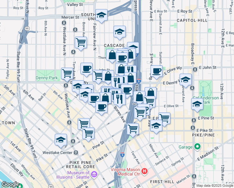 map of restaurants, bars, coffee shops, grocery stores, and more near 1818 Minor Avenue in Seattle