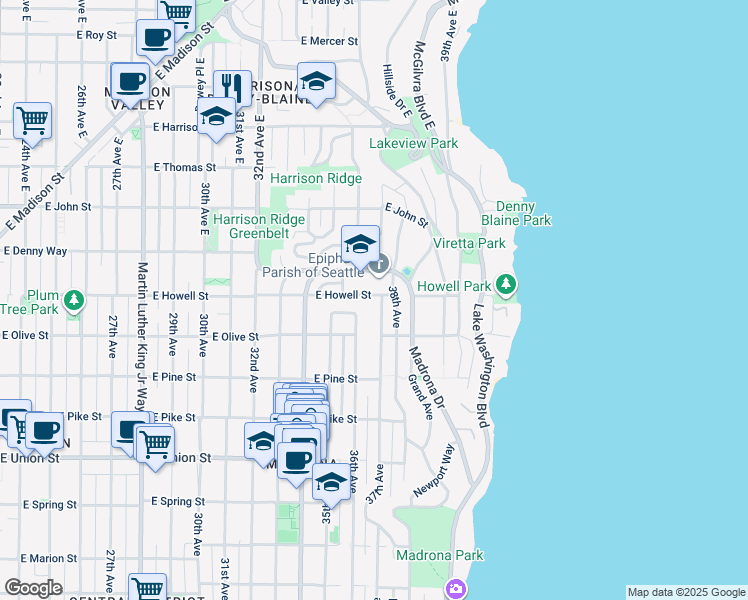 map of restaurants, bars, coffee shops, grocery stores, and more near 3635 East Howell Street in Seattle