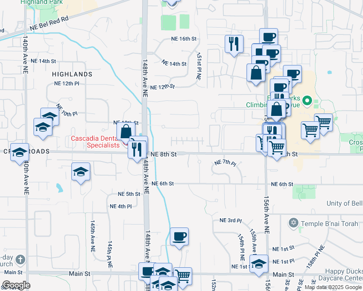 map of restaurants, bars, coffee shops, grocery stores, and more near 15023 Northeast 8th Place in Bellevue
