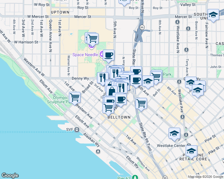 map of restaurants, bars, coffee shops, grocery stores, and more near 2601 4th Avenue in Seattle