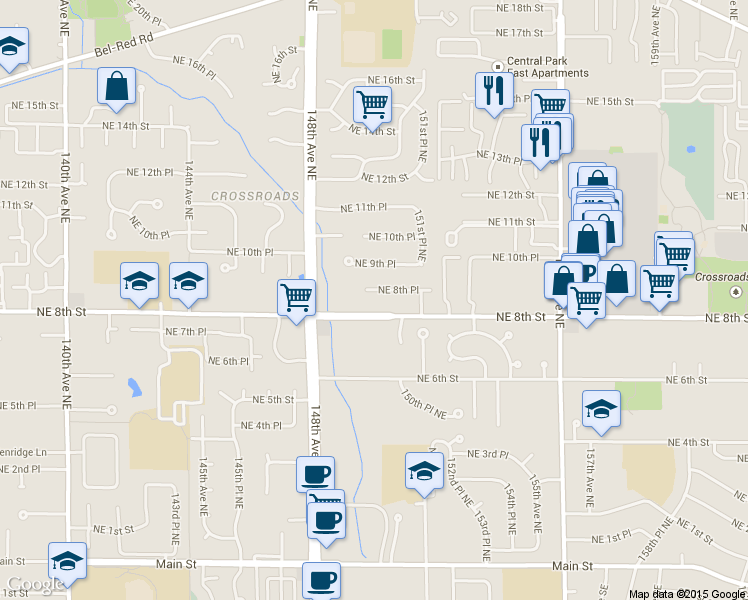 map of restaurants, bars, coffee shops, grocery stores, and more near 15023 Northeast 8th Place in Bellevue