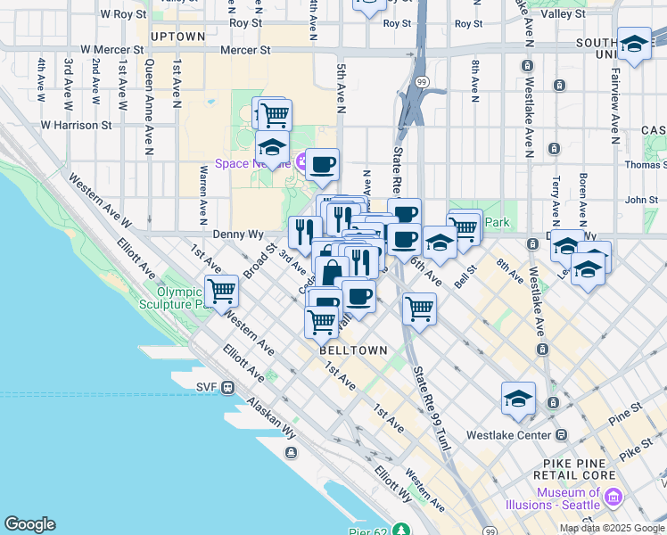 map of restaurants, bars, coffee shops, grocery stores, and more near 2601 4th Avenue in Seattle