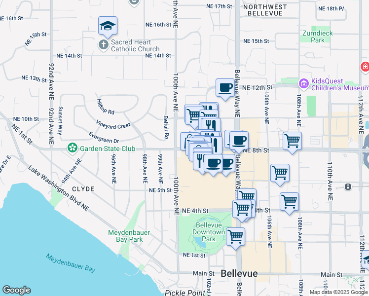 map of restaurants, bars, coffee shops, grocery stores, and more near 10058 Northeast 8th Street in Bellevue