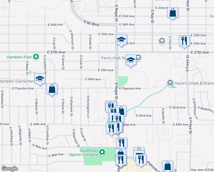 map of restaurants, bars, coffee shops, grocery stores, and more near 4020 South Lacey Street in Spokane