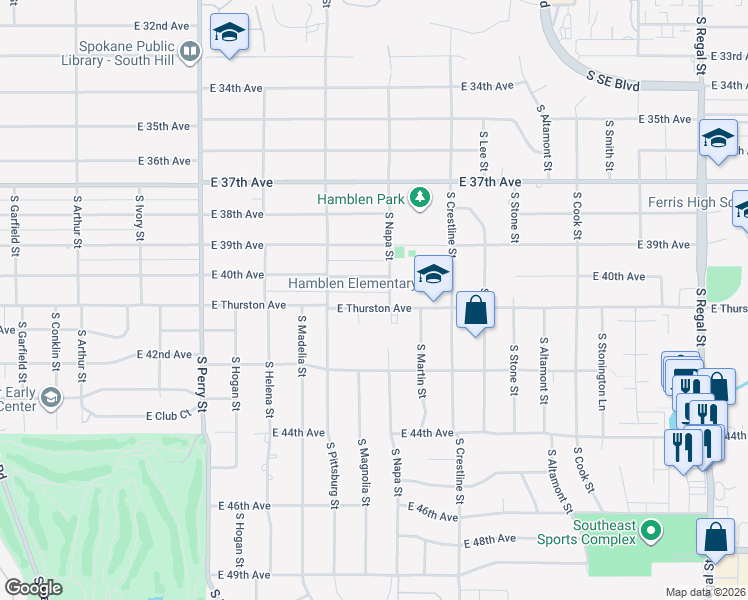 map of restaurants, bars, coffee shops, grocery stores, and more near 1921 East Thurston Avenue in Spokane