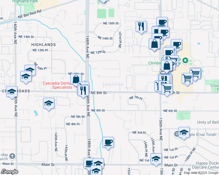 map of restaurants, bars, coffee shops, grocery stores, and more near 15023 Northeast 8th Place in Bellevue