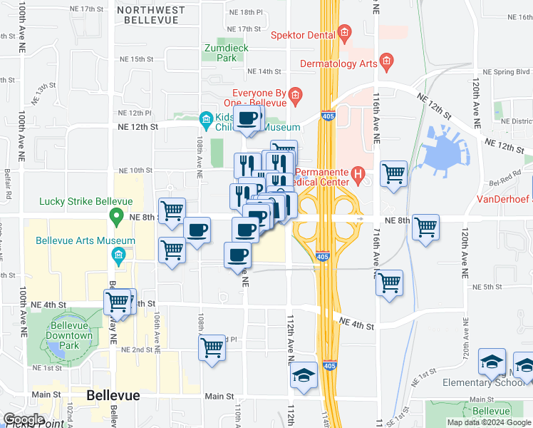 map of restaurants, bars, coffee shops, grocery stores, and more near 10900 Northeast 8th Street in Bellevue