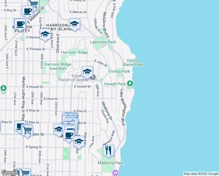 map of restaurants, bars, coffee shops, grocery stores, and more near 3909 East Howell Street in Seattle