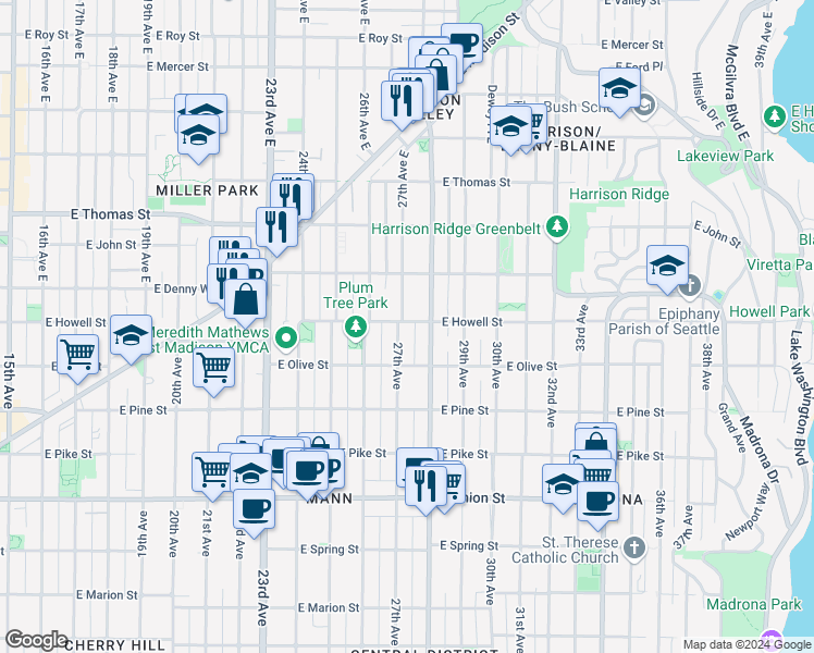 map of restaurants, bars, coffee shops, grocery stores, and more near 1731 Martin Luther King Junior Way in Seattle