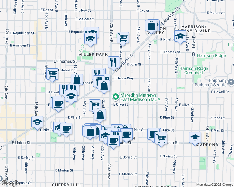 map of restaurants, bars, coffee shops, grocery stores, and more near 2401 East Howell Street in Seattle