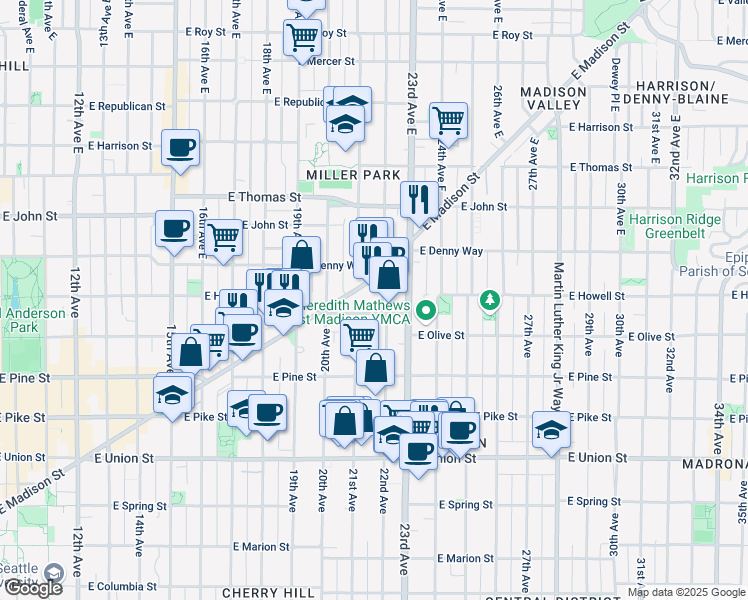 map of restaurants, bars, coffee shops, grocery stores, and more near 1715 22nd Avenue in Seattle