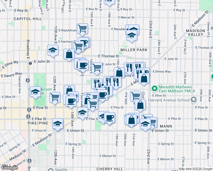 map of restaurants, bars, coffee shops, grocery stores, and more near 1732 18th Avenue in Seattle