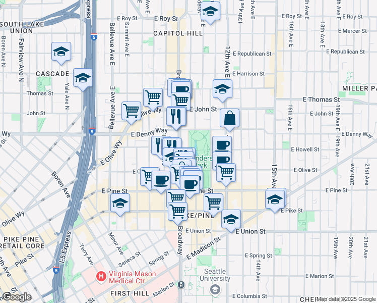 map of restaurants, bars, coffee shops, grocery stores, and more near 1732 Broadway in Seattle