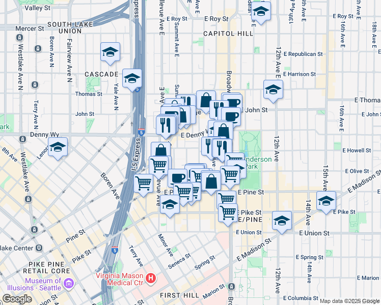 map of restaurants, bars, coffee shops, grocery stores, and more near 1737 Boylston Avenue in Seattle