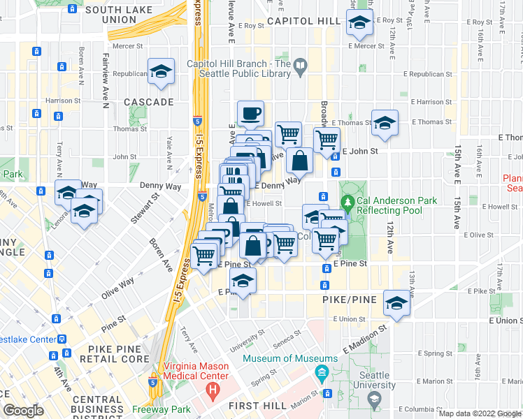 map of restaurants, bars, coffee shops, grocery stores, and more near 1737 Belmont Avenue in Seattle
