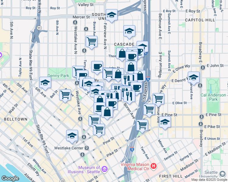 map of restaurants, bars, coffee shops, grocery stores, and more near in Seattle
