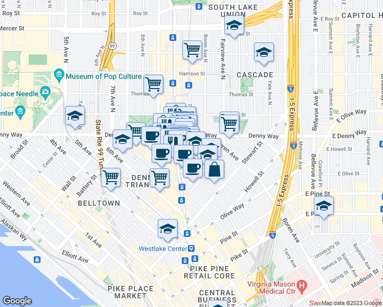 map of restaurants, bars, coffee shops, grocery stores, and more near 900 Lenora Street in Seattle