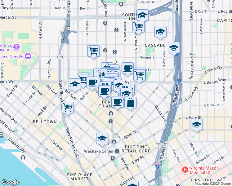 map of restaurants, bars, coffee shops, grocery stores, and more near 900 Lenora Street in Seattle