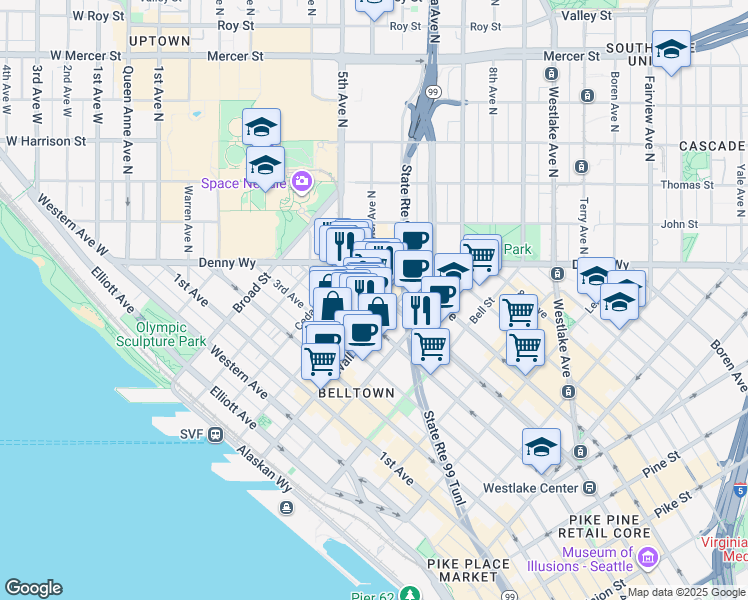 map of restaurants, bars, coffee shops, grocery stores, and more near 2517 5th Avenue in Seattle