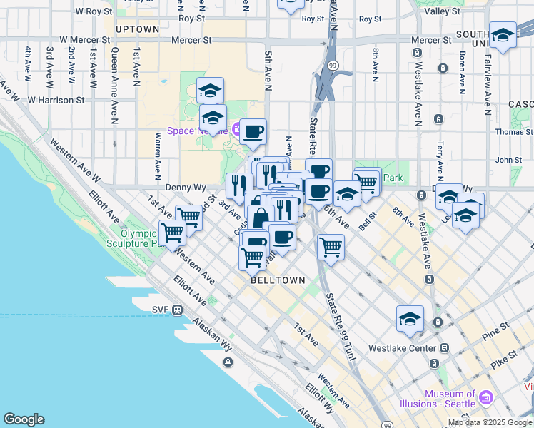 map of restaurants, bars, coffee shops, grocery stores, and more near 2615 4th Avenue in Seattle
