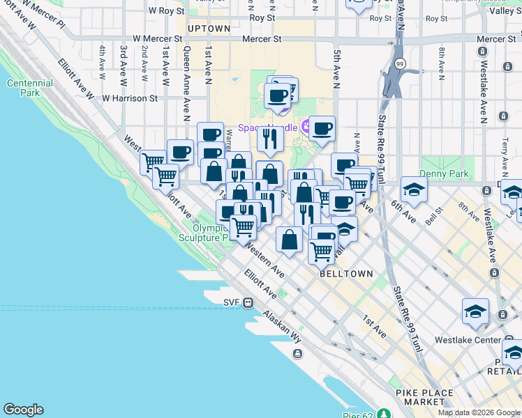 map of restaurants, bars, coffee shops, grocery stores, and more near 2901 2nd Avenue in Seattle