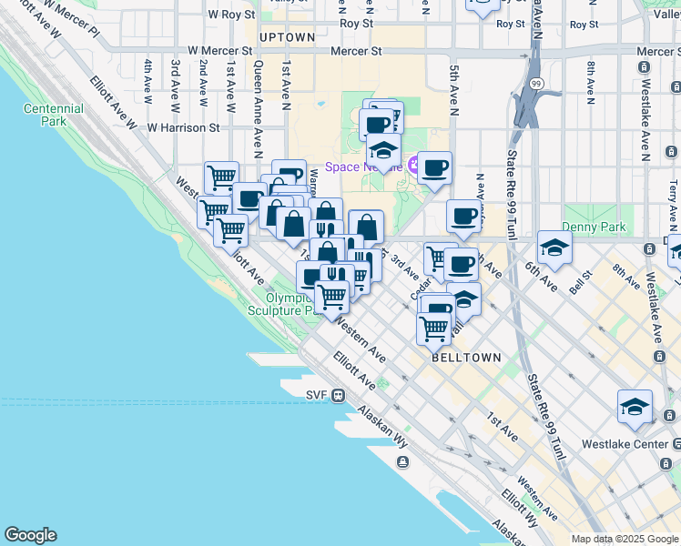 map of restaurants, bars, coffee shops, grocery stores, and more near 2915 1st Avenue in Seattle