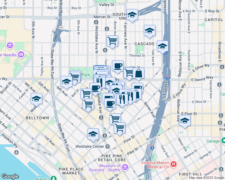 map of restaurants, bars, coffee shops, grocery stores, and more near 2025 Terry Avenue in Seattle