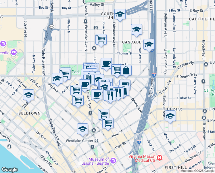 map of restaurants, bars, coffee shops, grocery stores, and more near 2014 Terry Avenue in Seattle