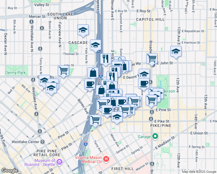 map of restaurants, bars, coffee shops, grocery stores, and more near 1711 Bellevue Avenue in Seattle