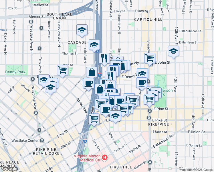 map of restaurants, bars, coffee shops, grocery stores, and more near in Seattle
