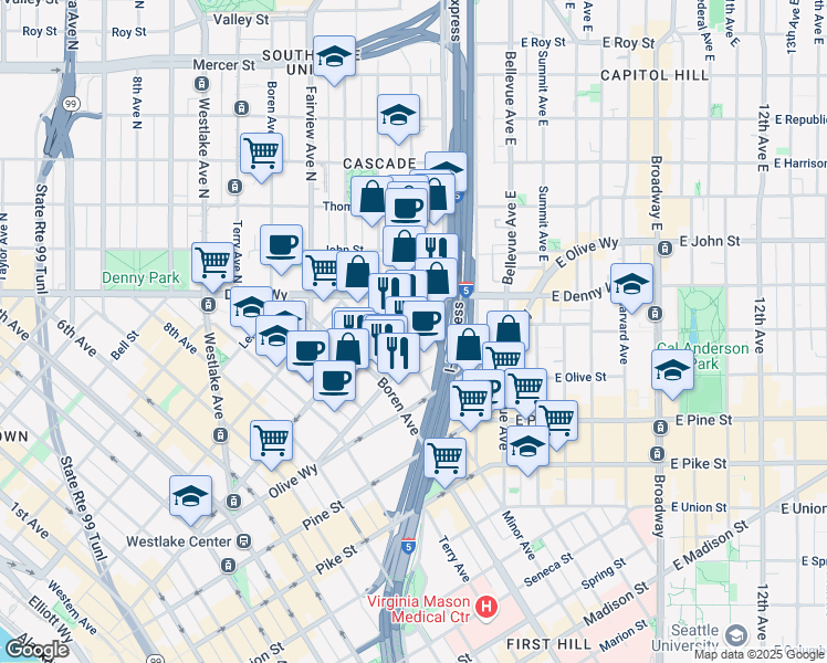 map of restaurants, bars, coffee shops, grocery stores, and more near 1220 Howell Street in Seattle