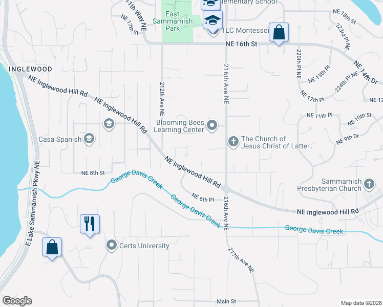 map of restaurants, bars, coffee shops, grocery stores, and more near 21352 Northeast 9th Place in Sammamish