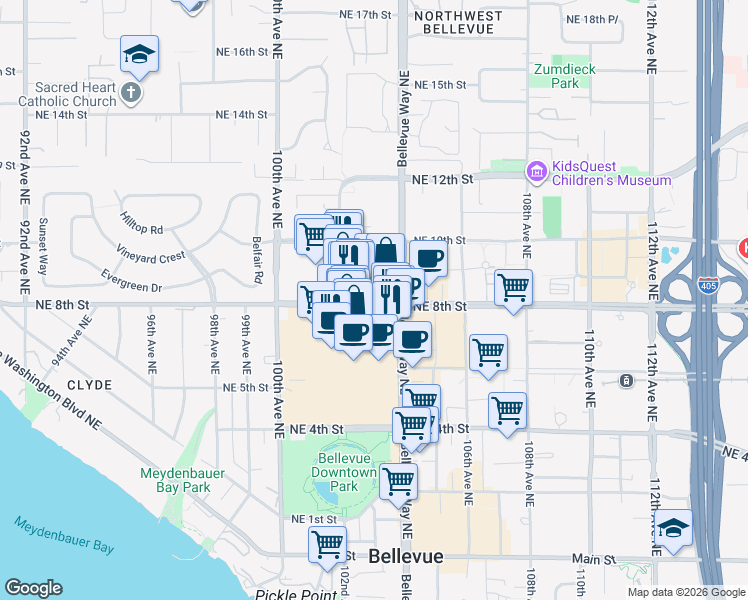 map of restaurants, bars, coffee shops, grocery stores, and more near 838 Avenue Square Northeast in Bellevue