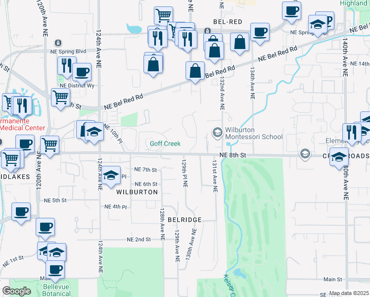map of restaurants, bars, coffee shops, grocery stores, and more near 12854 Northeast 8th Street in Bellevue