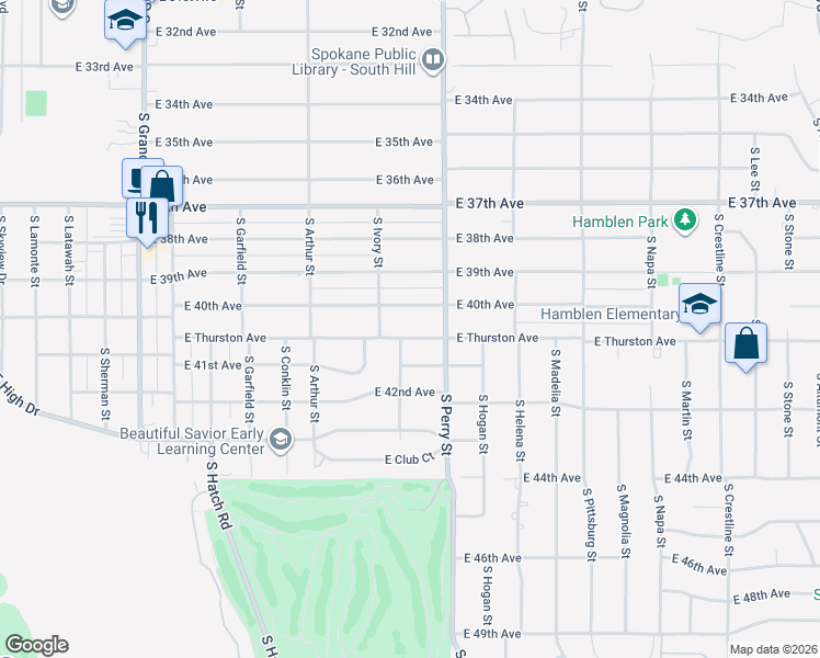 map of restaurants, bars, coffee shops, grocery stores, and more near 1219 East Thurston Avenue in Spokane