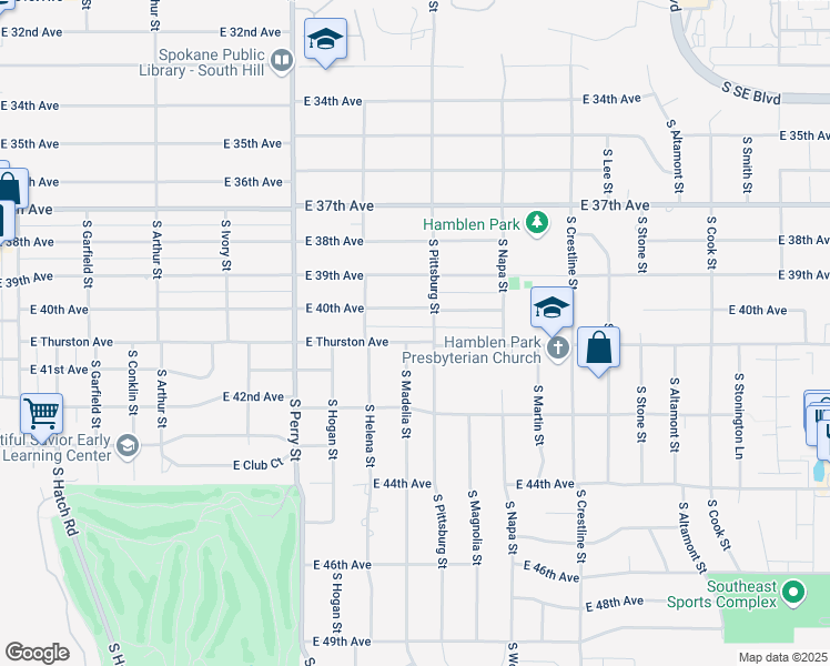 map of restaurants, bars, coffee shops, grocery stores, and more near 1717 East Thurston Avenue in Spokane